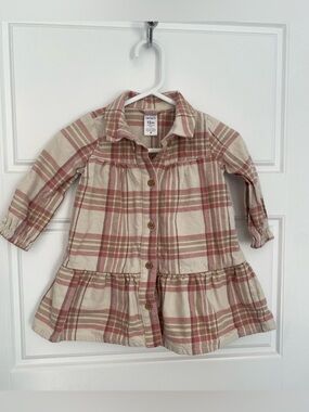 Carters 12M Plaid Flannel Button-Up Drop Waist Prairie Dress -Cream & Dusty Rose